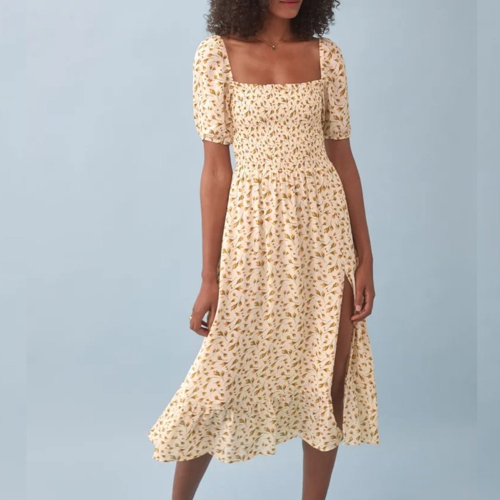 Reformation Meadow Dress in Blanche White Yellow Floral Midi Puff Sleeves
